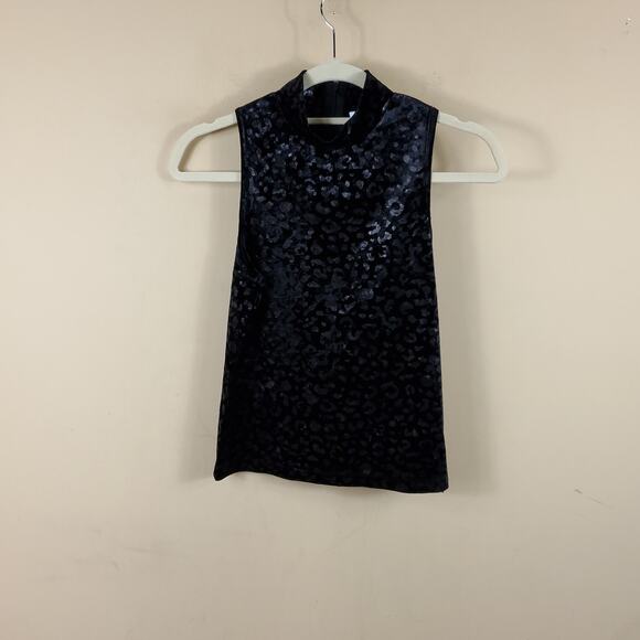 525 America Mock Neck Sleeveless Blouse in Black Velvet Leopard Size S - Picture 1 of 9